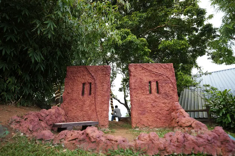 Brick art sculptures on the resort lawn at Purayil Resort
