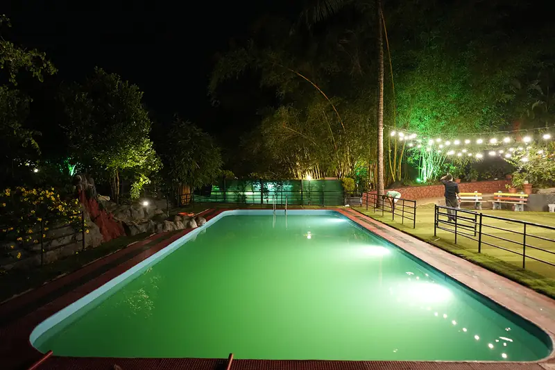Glowing swimming pool at night surrounded by trees and lights